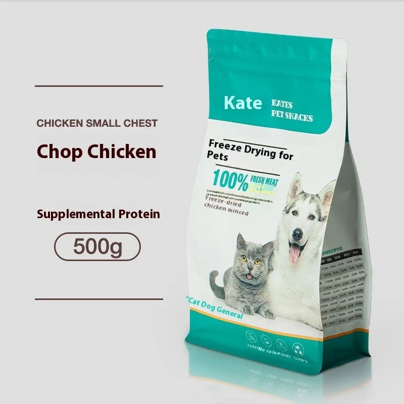 500g bag or barrel of freeze-dried chicken nugget cat treats on a plain background