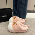 Women's fluffy fleece cartoon toe cover slippers in solid colour with rubber sole