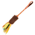 Green, orange, and blue woven polyester bends and hitches dog tug-of-war chew toy on a plain background