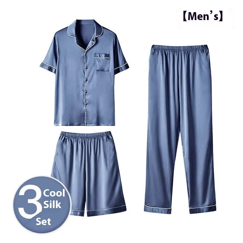 Men's ice silk three-piece home wear set in various colours showing lightweight summer pyjamas and lounge trousers