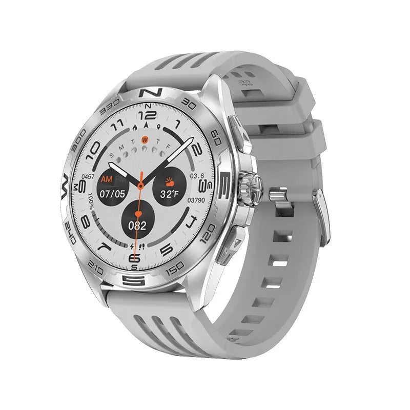 Black steel smart watch for men showing display with heart rate and Bluetooth calling icons.