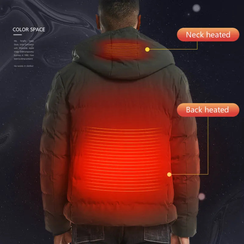 USB electric heated jacket for men women, grey colour, with zipper and hood, windproof nylon shell, outdoor winter coat