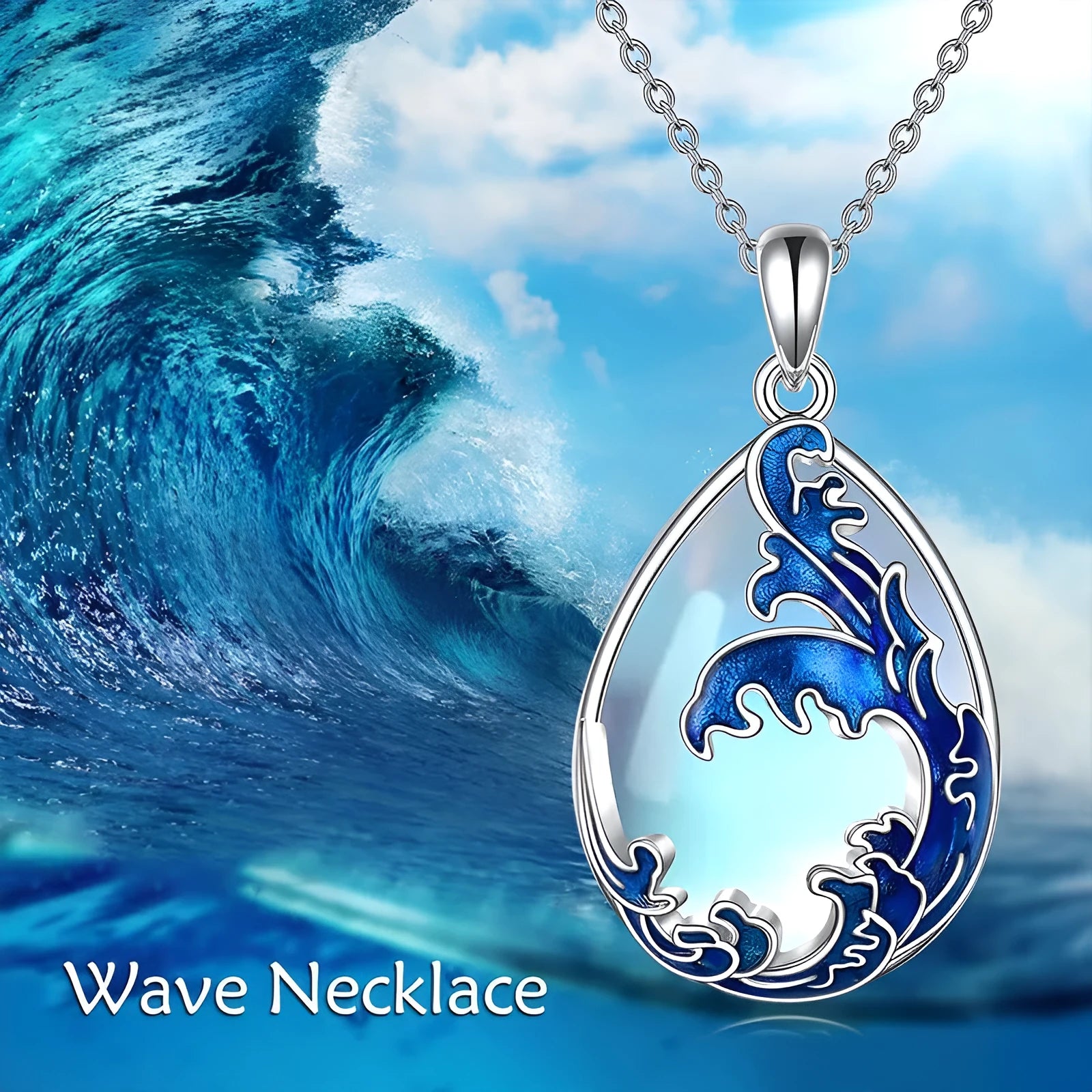 Moonstone blue alloy heart pendant on a women's necklace.