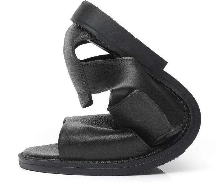 Men's black and brown casual leather sandals with open-toe design and rubber soles