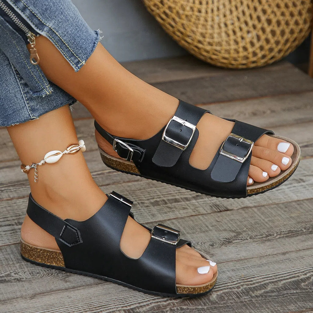 Women's flat sandals with square buckle, chunky sole, round toe, PU upper, rubber outsole, casual style