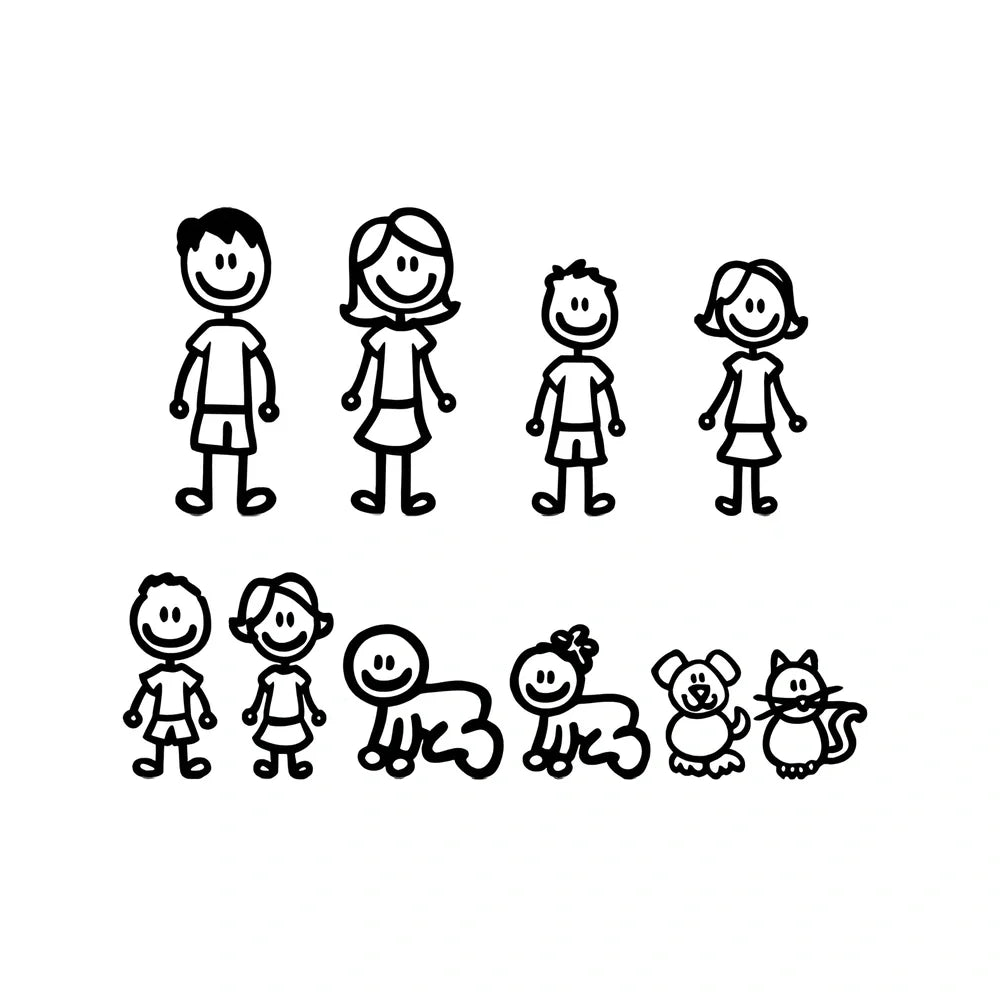 Big family cartoon car sticker measuring 38.3cm wide with black, white and laser colour options