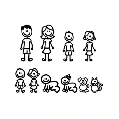 Big family cartoon car sticker measuring 38.3cm wide with black, white and laser colour options