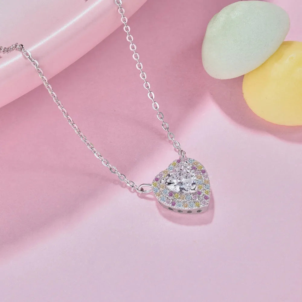 925 silver simple colour dopamine zircon necklace with platinum pink diamond electroplated finish on white background
