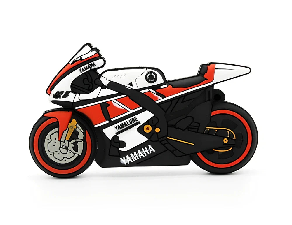 Red white cartoon motorcycle USB drive with 16cm wrist strap, 15g weight, 64GB capacity option