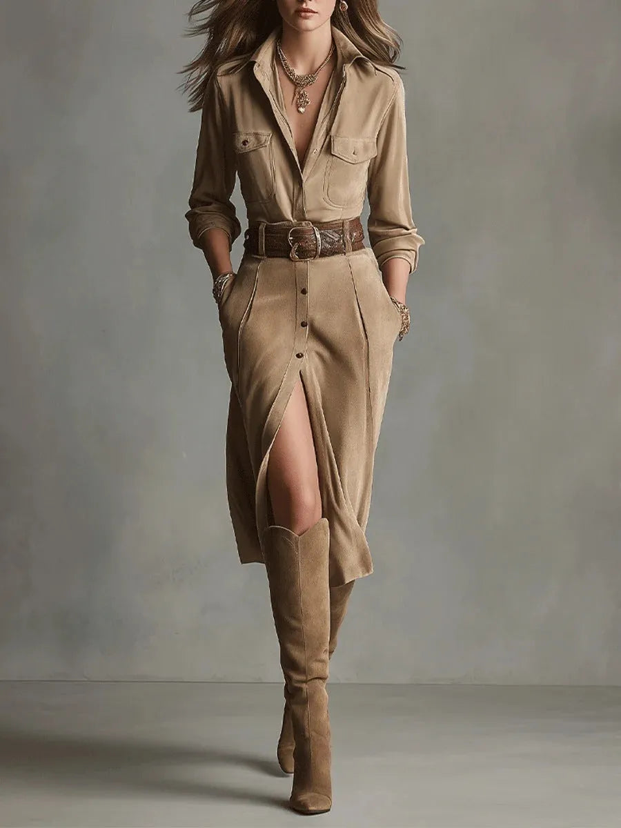 Khaki women's French waist asymmetric dress with high waist and polyester fabric, full-length view