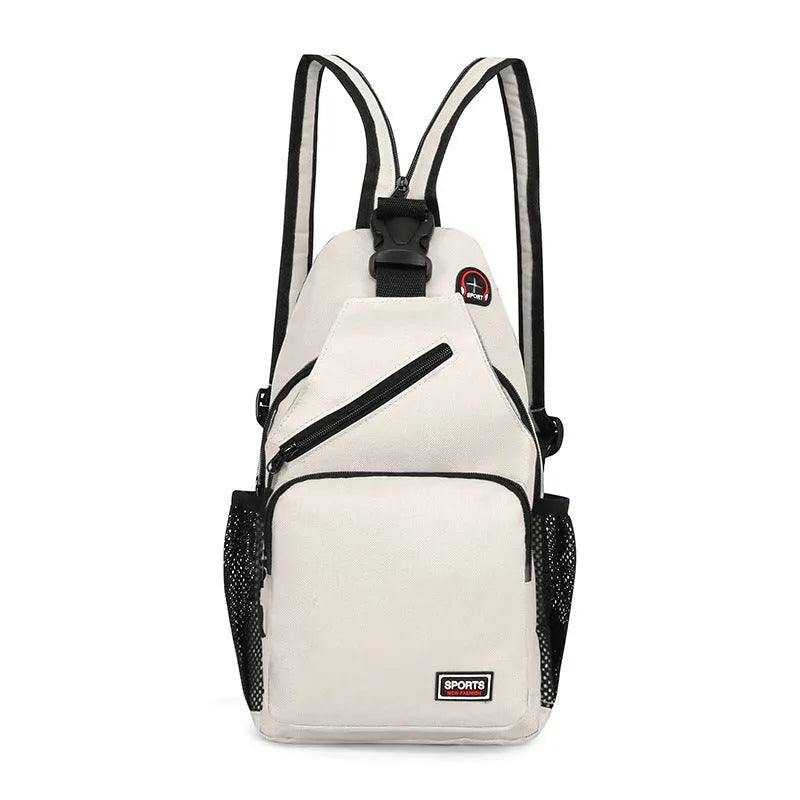 Hot sports chest bag for women in Oxford cloth, available in multiple colours including black and pink, with solid colour and car stitching detail.