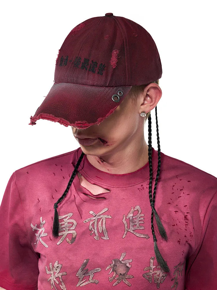 Rose red cotton peaked cap with adjustable strap and vintage spray-dirty finish