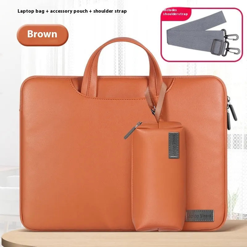 Black PU leather laptop bag with integrated power bank for a 15-inch notebook.