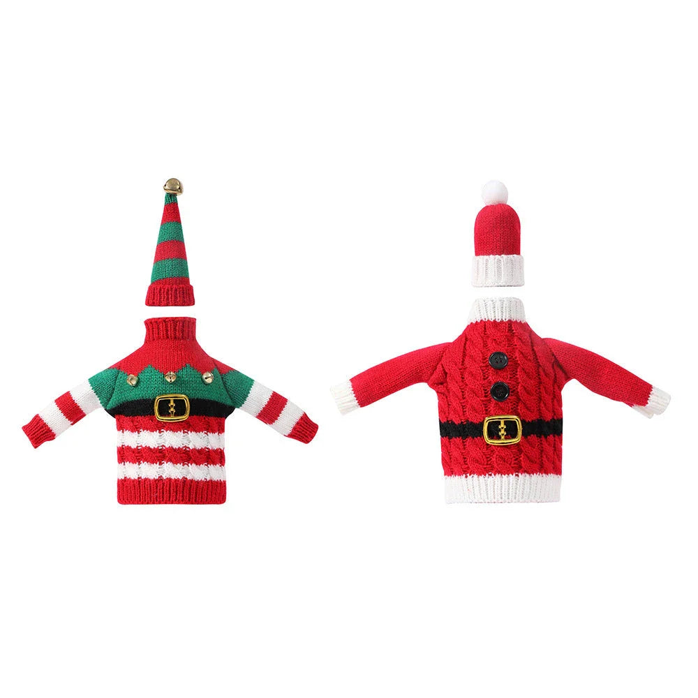 Knit wine bottle covers in red and green stripes and red belt designs for Christmas and winter holidays