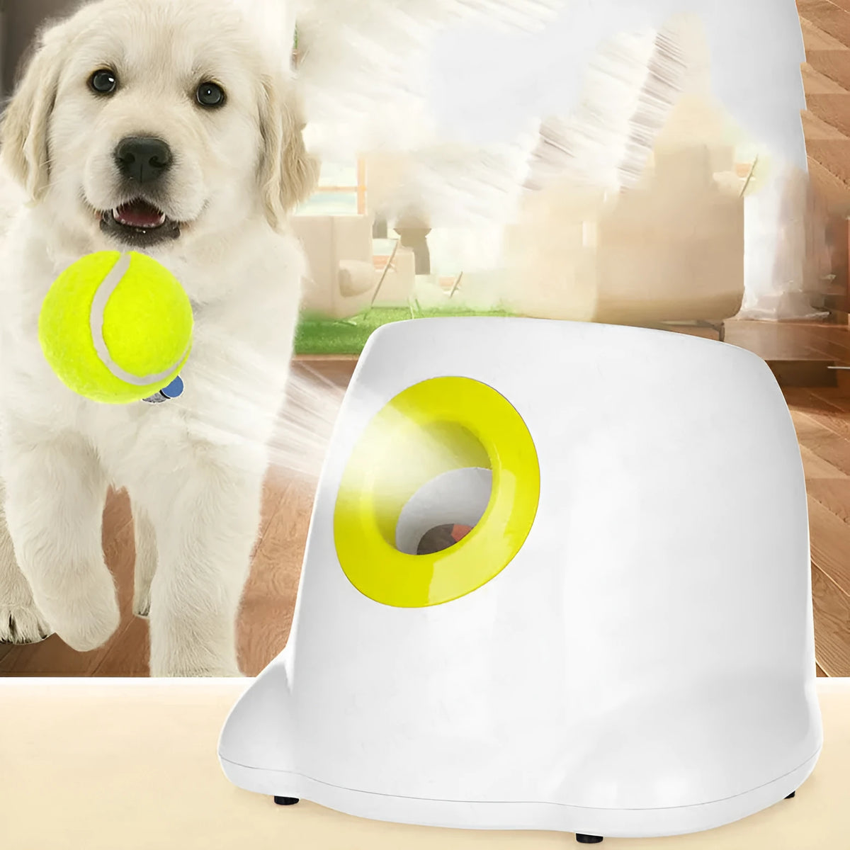 Yellow automatic dog ball launcher with three launch distances, ABS material, 30cm size
