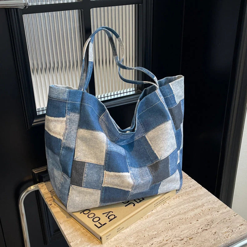 Women's denim tote bag with colour-contrast check design for daily use