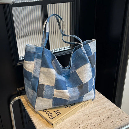 Women's denim tote bag with colour-contrast check design for daily use