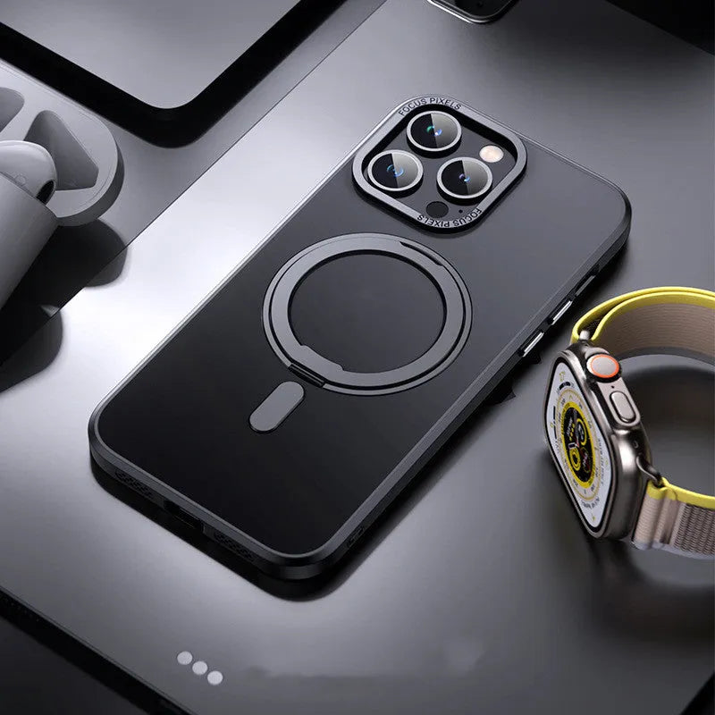 Transparent magnetic suction phone case for iPhone models on a metallic surface.