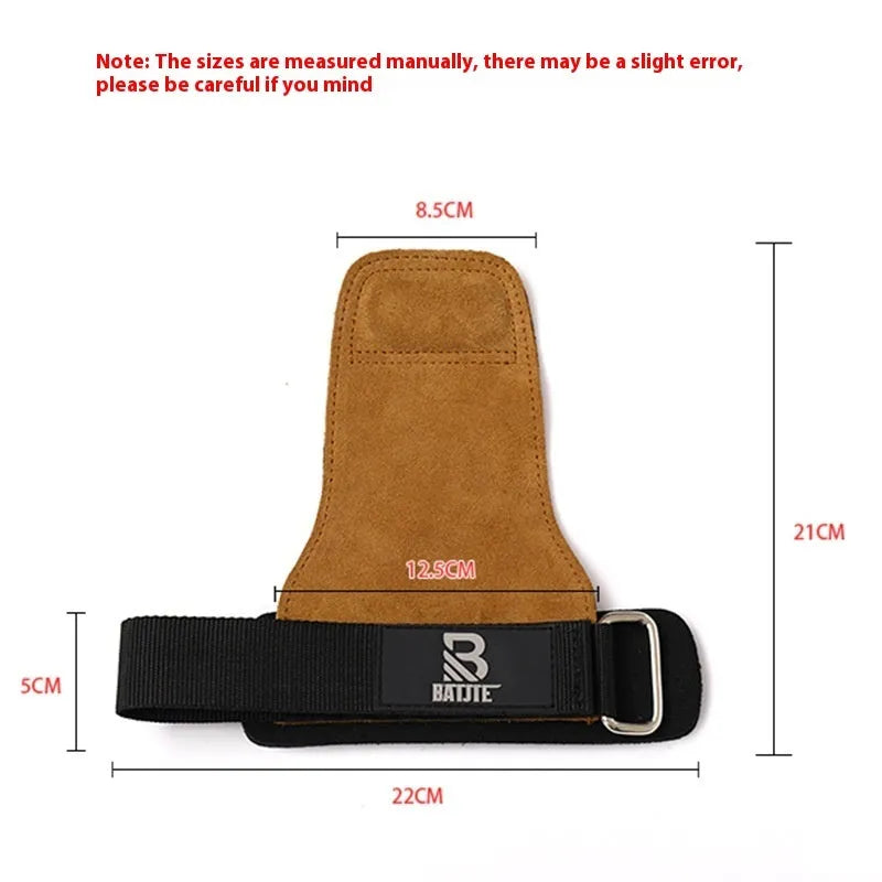Brown leather wrist protector with adjustable strap for pull-up and fitness training.
