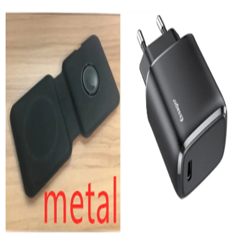 White foldable magnetic wireless charging dock showing two phones charging simultaneously at an angle.
