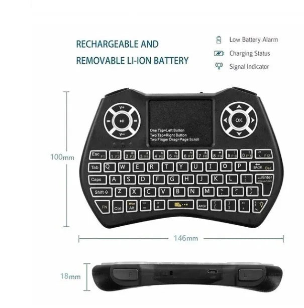 Mini wireless keyboard with Qwerty keys, touchpad, and LED backlit in black