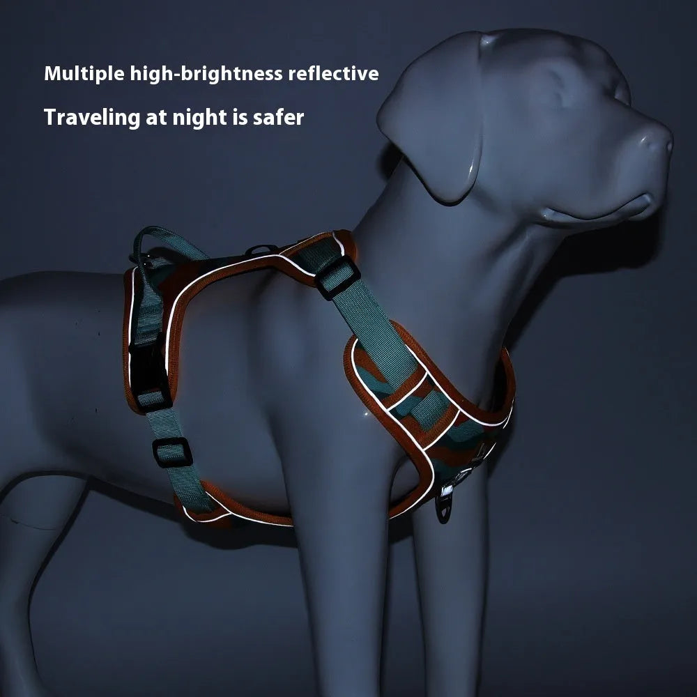 Orange reflective dog lead with chest and back attachment on a grey background.