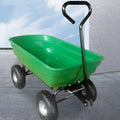 Green four-wheel plastic dump truck with steel frame and tipping bed
