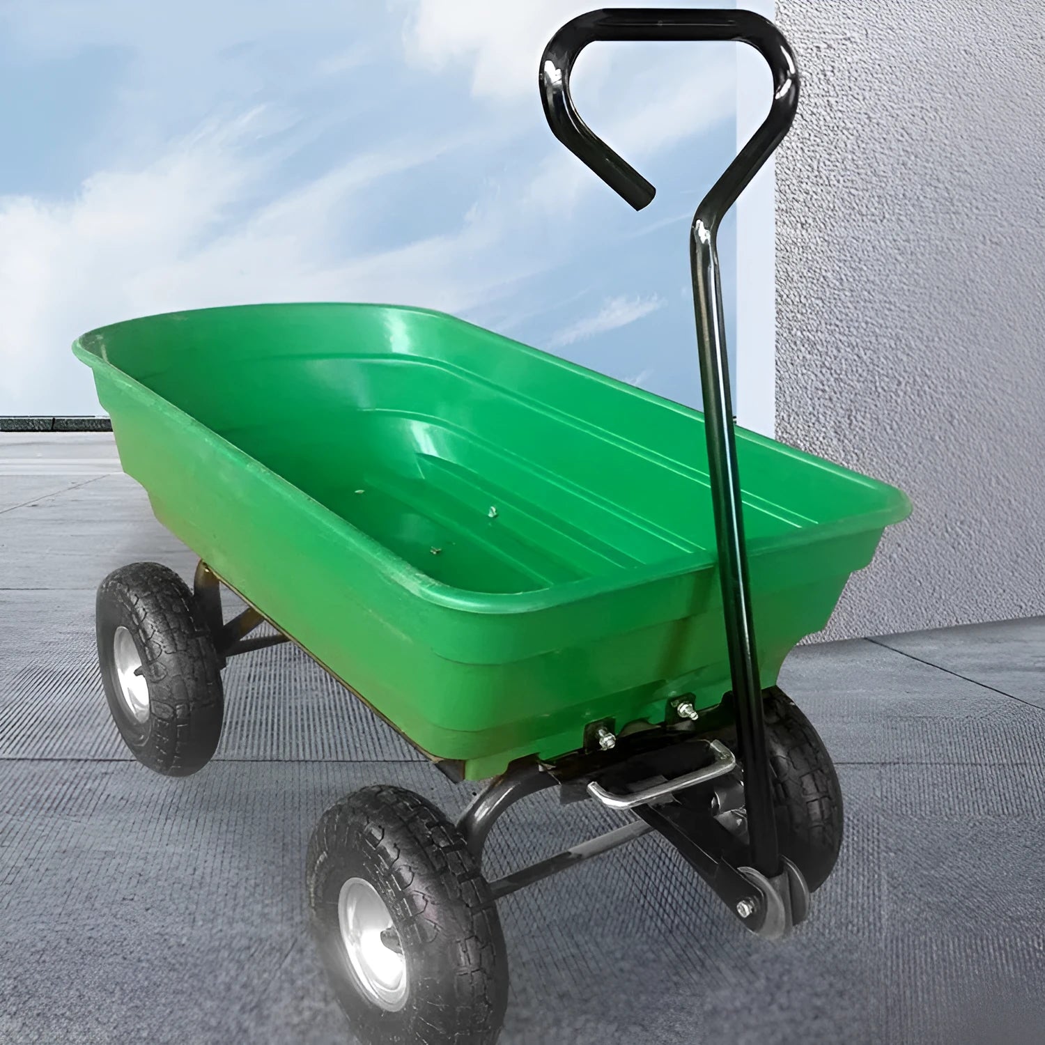 Green four-wheel plastic dump truck with steel frame and tipping bed