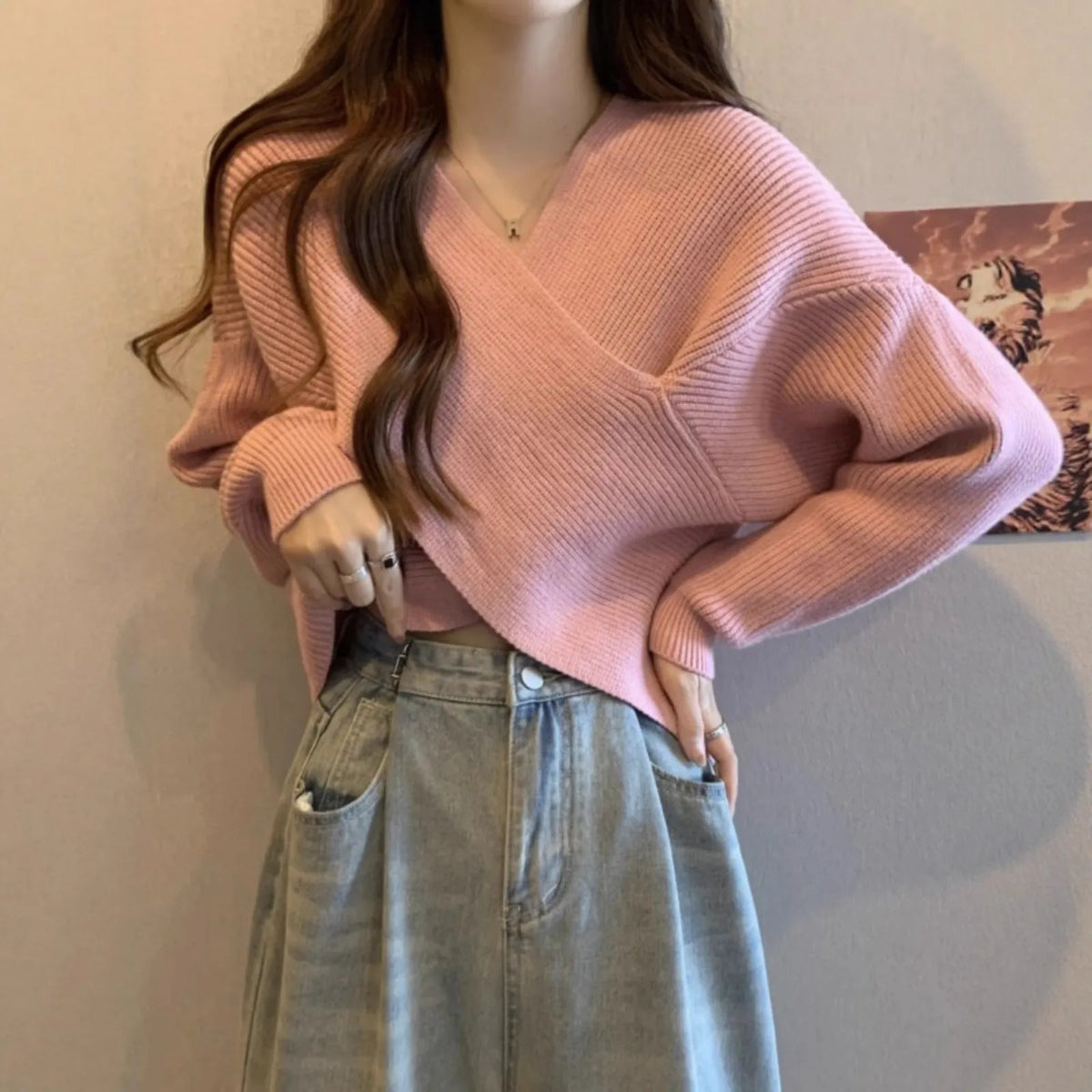 Lazy short sweater design blouse long sleeve loose fit top in pink for women casual wear
