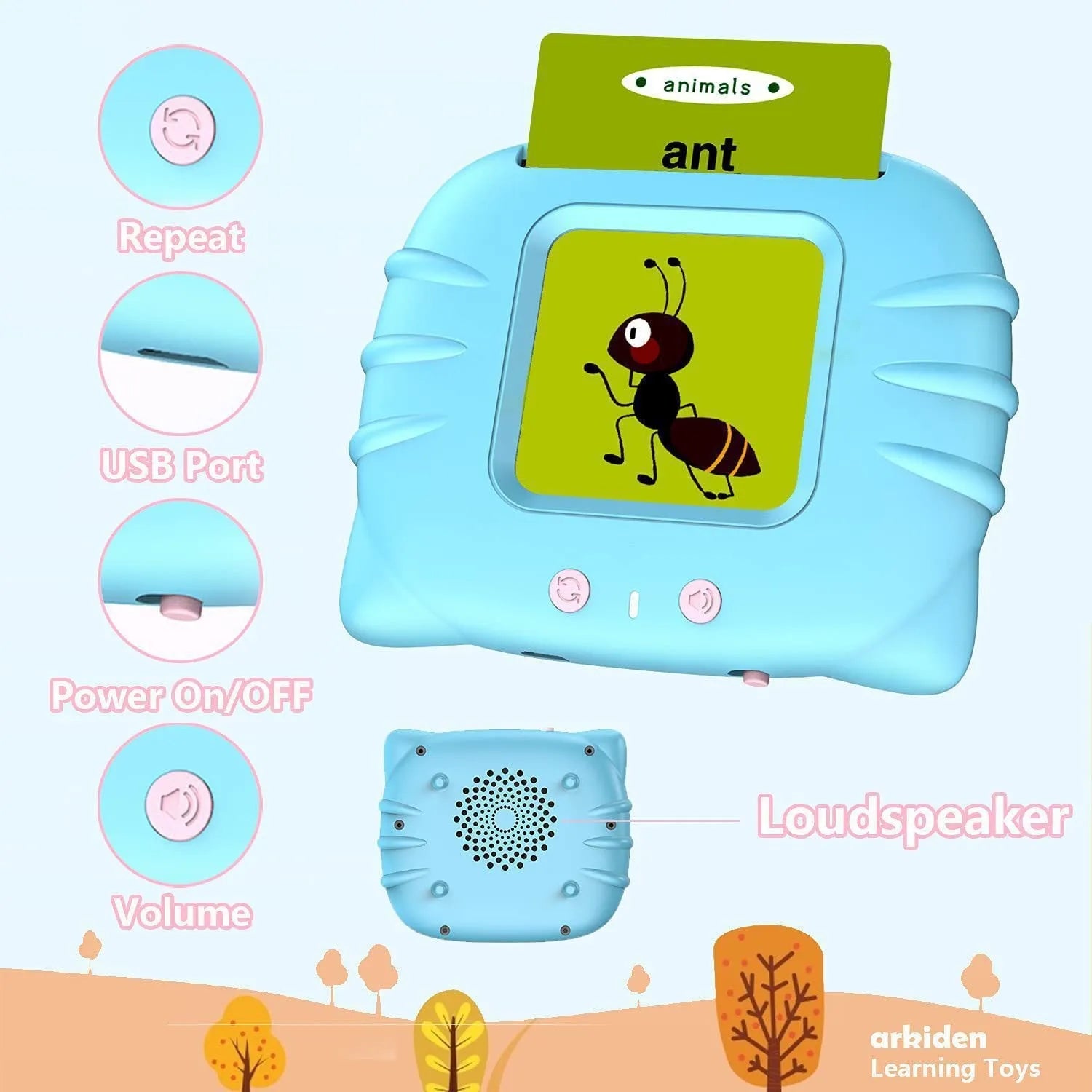 Blue children's English learning card machine with audiobook cards showing 18cm length