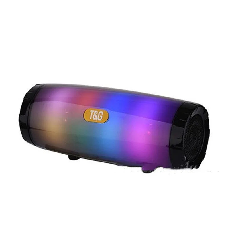 Blue portable Bluetooth speaker with coloured LED lights, showing control buttons and USB port.