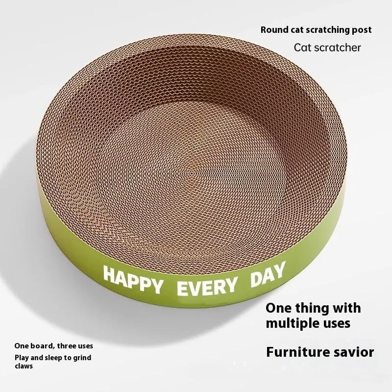 Round green cat nest with integrated scratching board measuring 50cm across