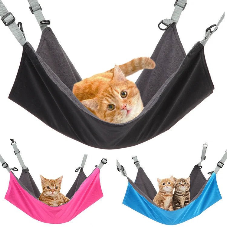 Small cat and dog hanging hammock with plush and waterproof sides in red, blue, and black
