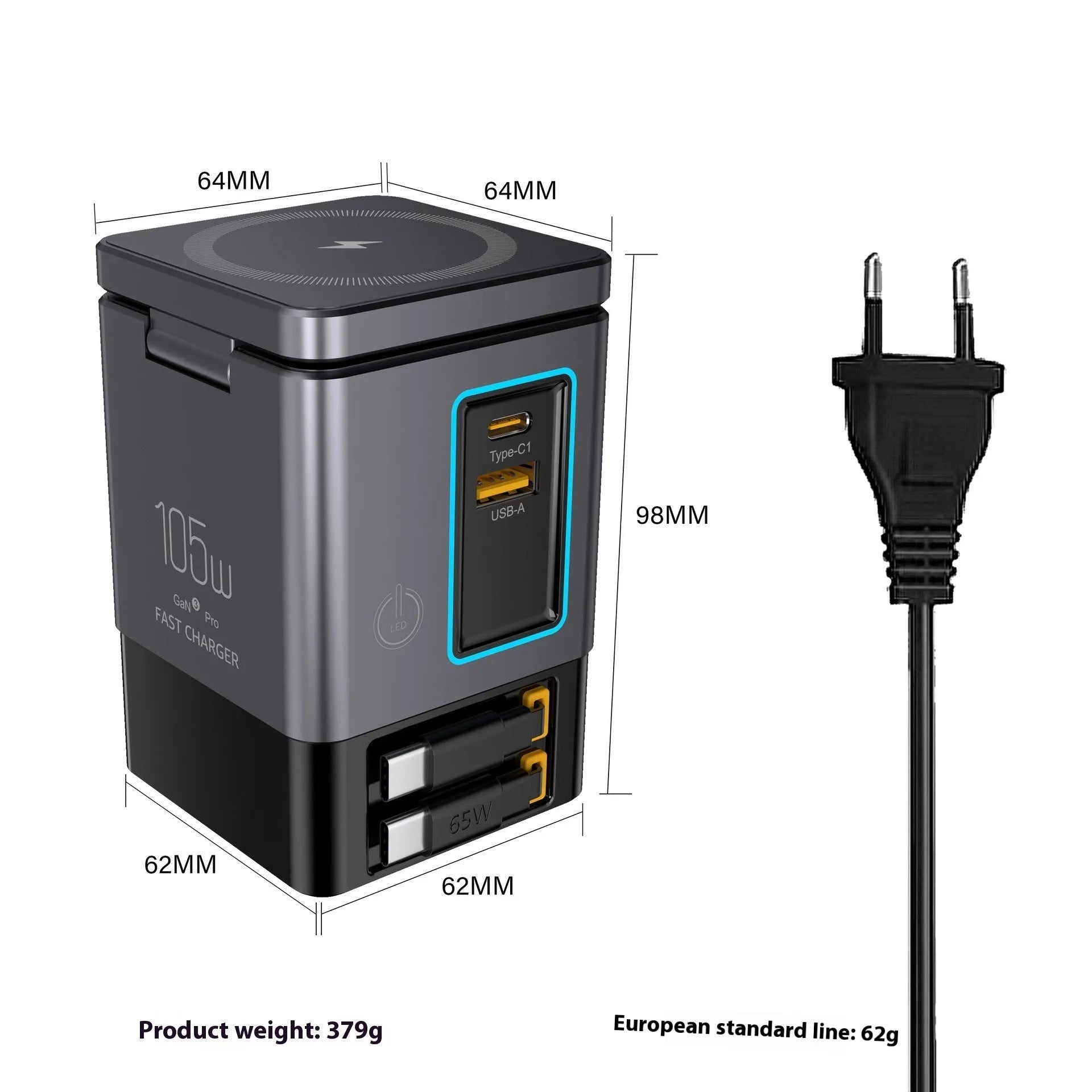 105W Multifunctional Magnetic Wireless Gallium Nitride Charger in black plastic with UK plug