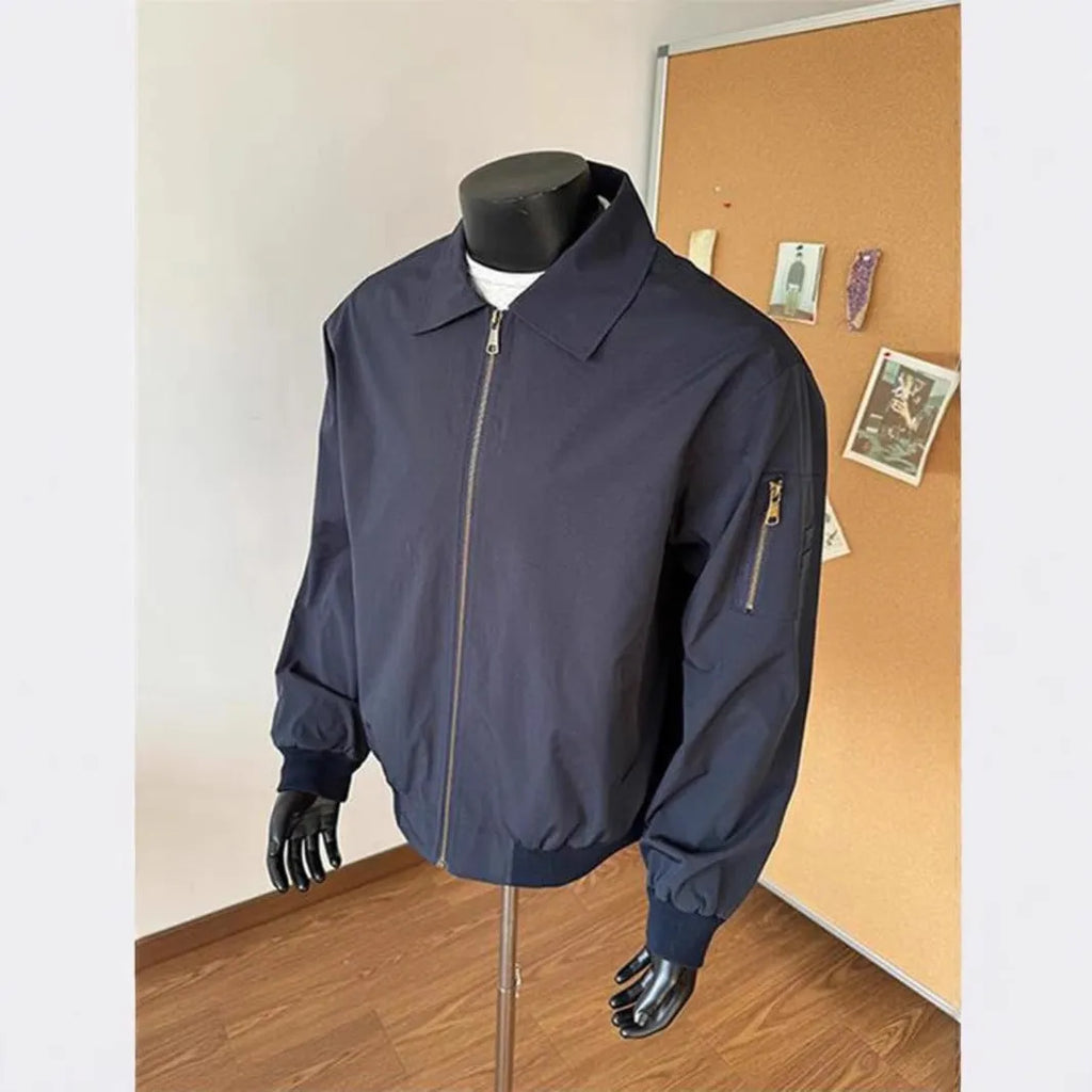 Navy blue short baseball uniform jacket for teenagers loose fit front view