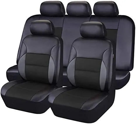 Artificial leather car seat cover set showing front seat, headrest, and rear seat components in grey.