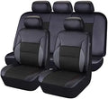 Artificial leather car seat cover set showing front seat, headrest, and rear seat components in grey.