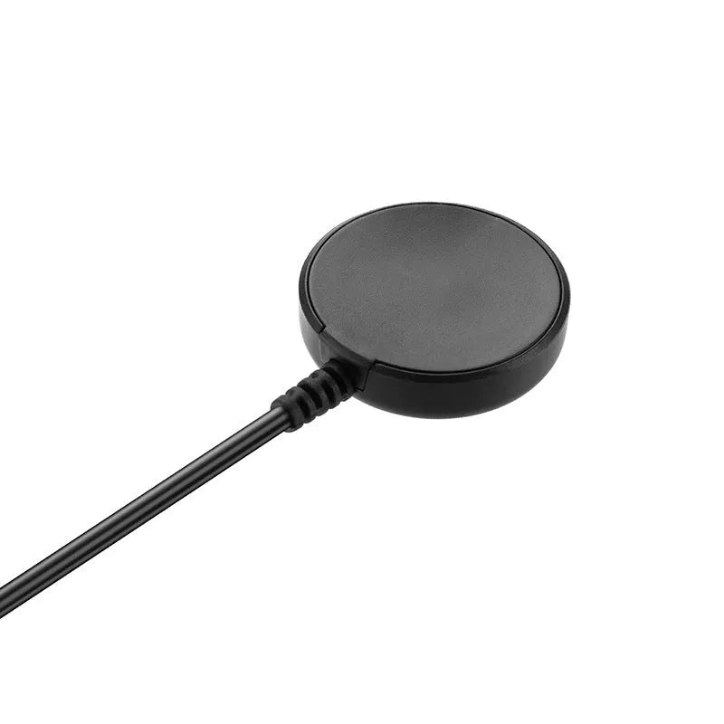 Black USB wireless fast charger for smartwatches measuring 34 x 10mm with charging cable