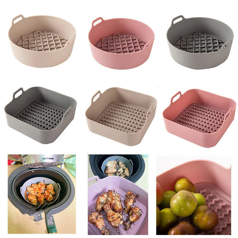 Reusable silicone air fryer liner in various colours, heat resistant up to 450°F