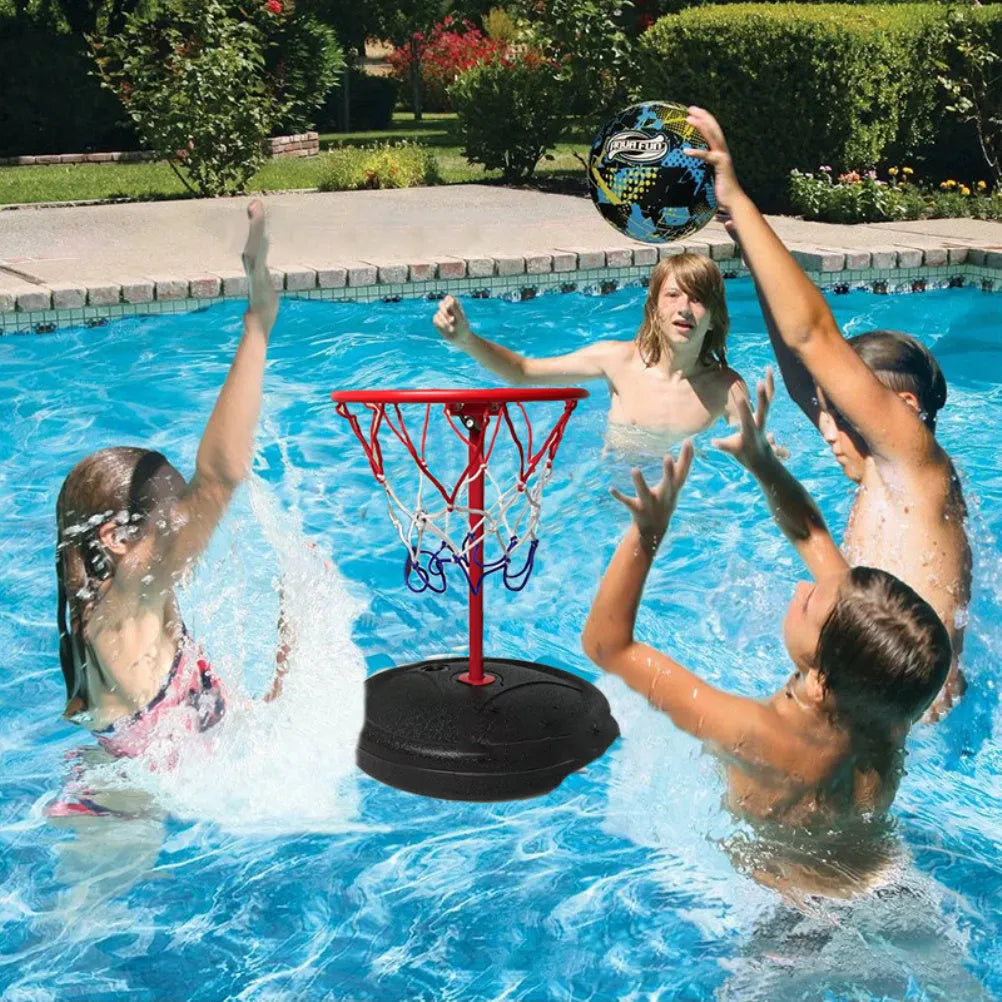 Floating plastic water basketball hoop with 23x17.5cm backboard and 61cm pole in a swimming pool