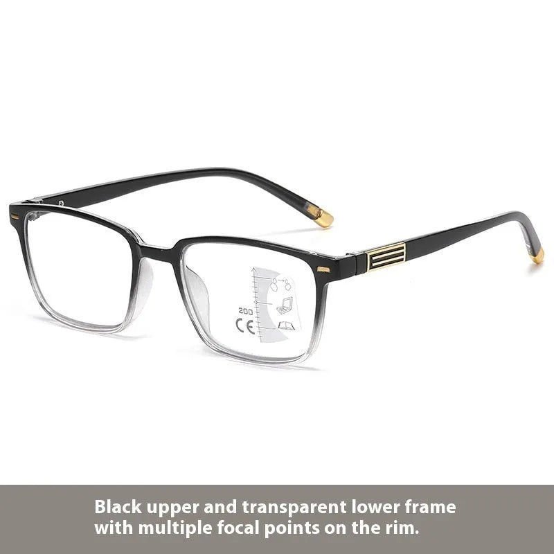A pair of multifocal reading glasses with colour changing, anti blue light PC lenses in a black and silver frame style.
