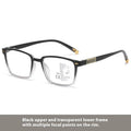 A pair of multifocal reading glasses with colour changing, anti blue light PC lenses in a black and silver frame style.