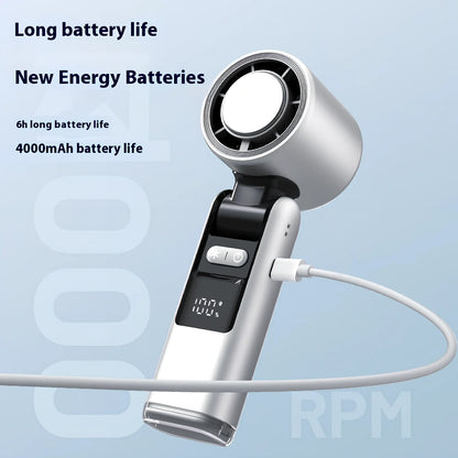 White USB-powered mini turbos fan folded 180° showing digital display and plastic blades, 63x57x176mm for portable camping cooling