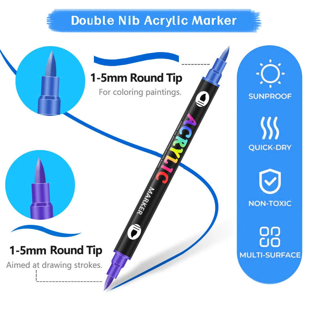 Set of washable double-headed acrylic marker pens with opaque quick-drying colours