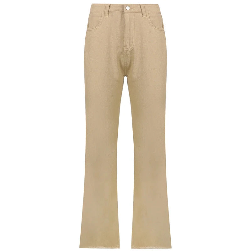 High waist slim jeans with bell bottoms in black, brown, and white