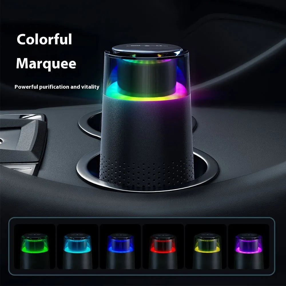 Black car air purifier with running light on a dashboard, ABS construction, 5W USB powered