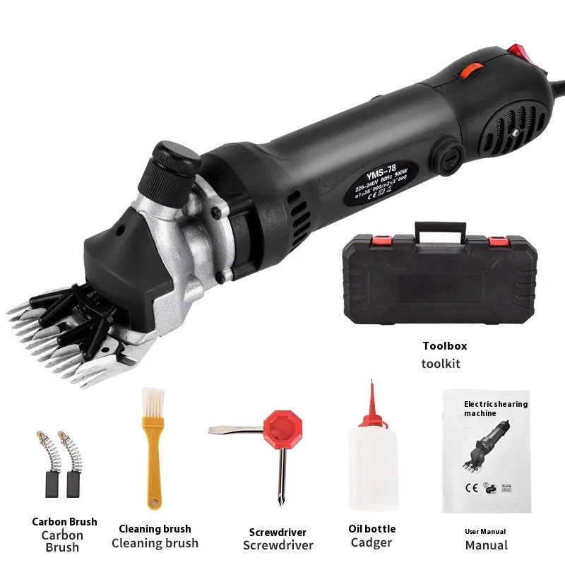 Yellow American 110V electric wool shears kit with multiple blade pairs and maintenance tools