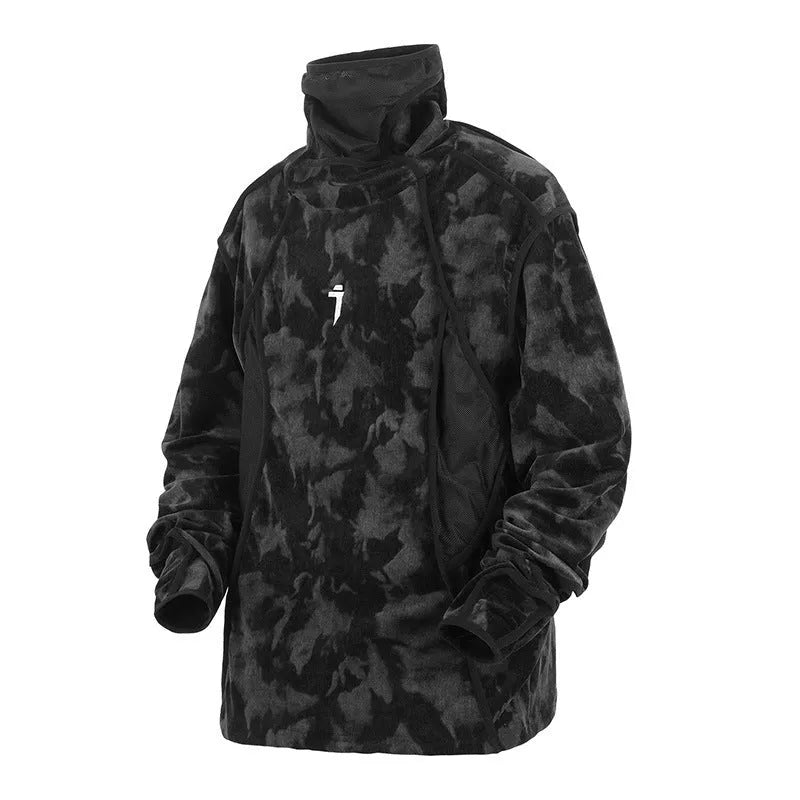 Men's loose fit turtleneck sweater with full printed tie dye pattern in black colour