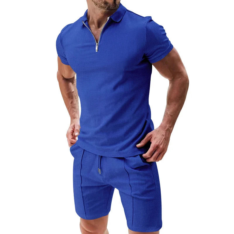 Men's summer waffle suit set with zipper lapel top and drawstring shorts in various colours