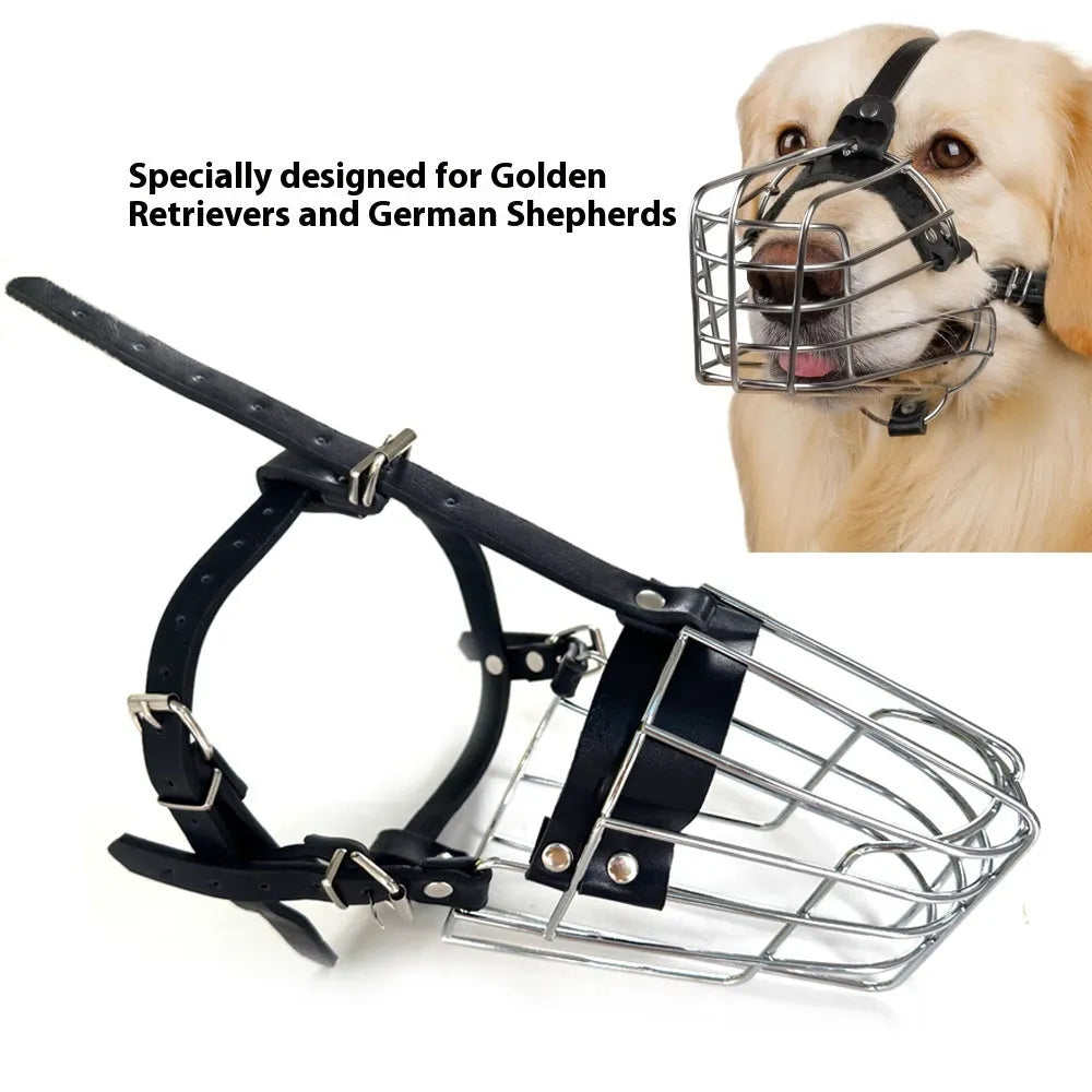 Black metal wire dog muzzle designed for a golden retriever or German shepherd.
